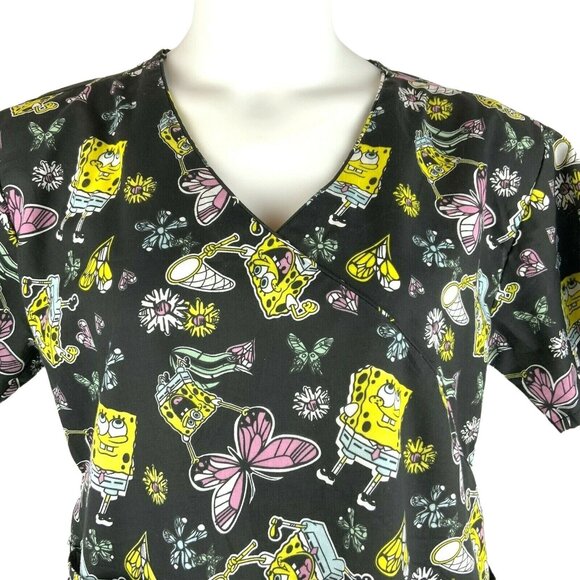 Nickelodeon Spongebob Ladies Scrub Top Large Faux Wrap Tie Back Cotton Blend - Picture 1 of 6